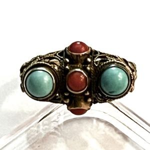 Antique 1920s Chinese Gold Wash Str Silver Filigree Coral Turquoise Ring